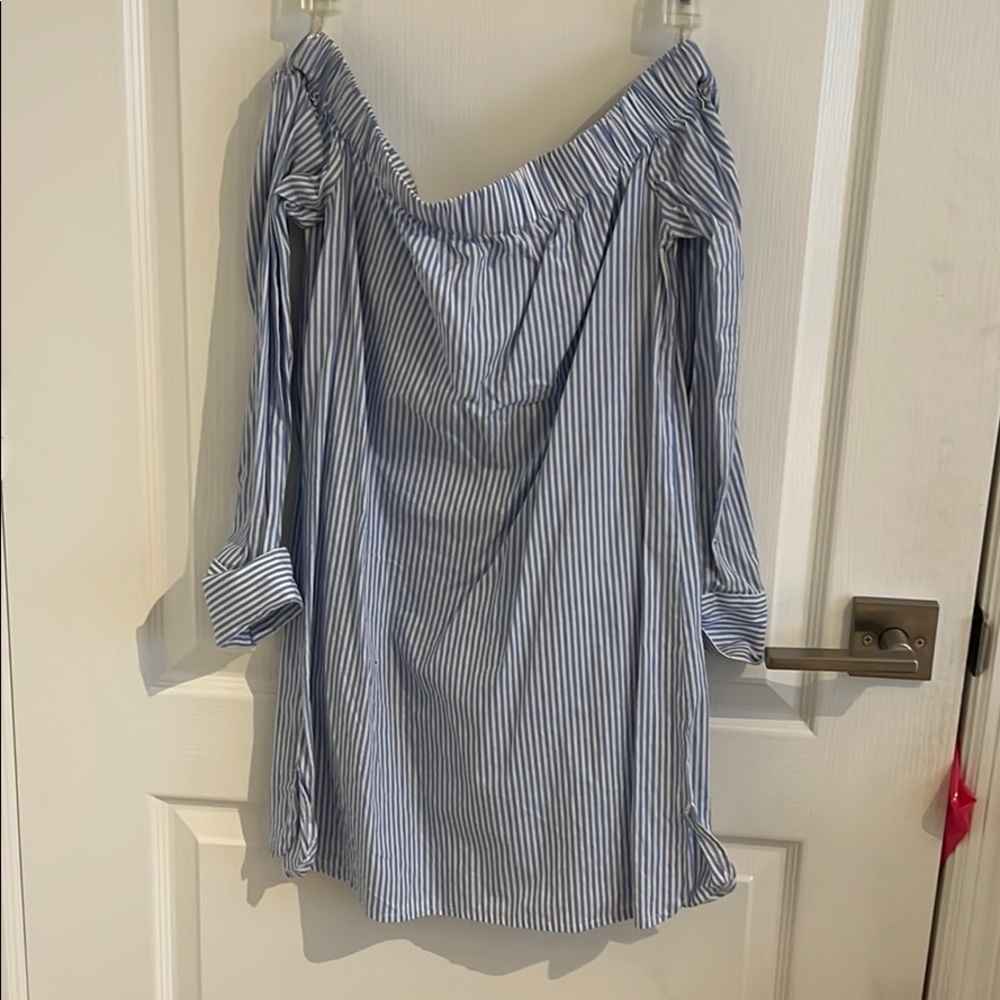 Pinstripe Off the Shoulder Dress